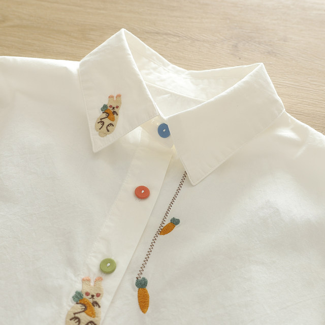 Small fresh literary cartoon embroidery rabbit radish pure cotton white shirt women's long-sleeved student loose version colorful button shirt