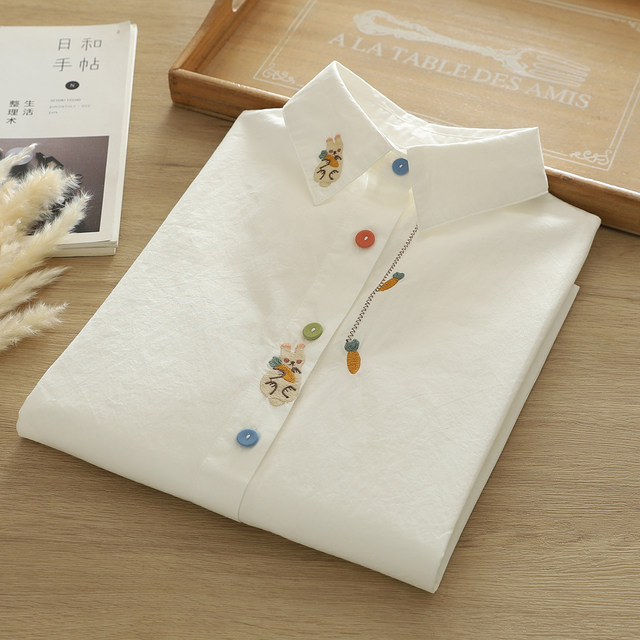 Small fresh literary cartoon embroidery rabbit radish pure cotton white shirt women's long-sleeved student loose version colorful button shirt