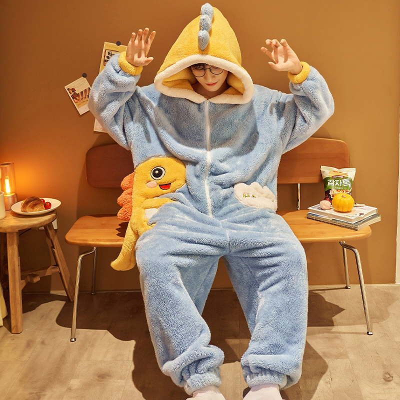 斐序旗舰店珊瑚绒情侣连体睡衣女秋冬季款加厚加绒恐龙卡通男士可外穿家居服3