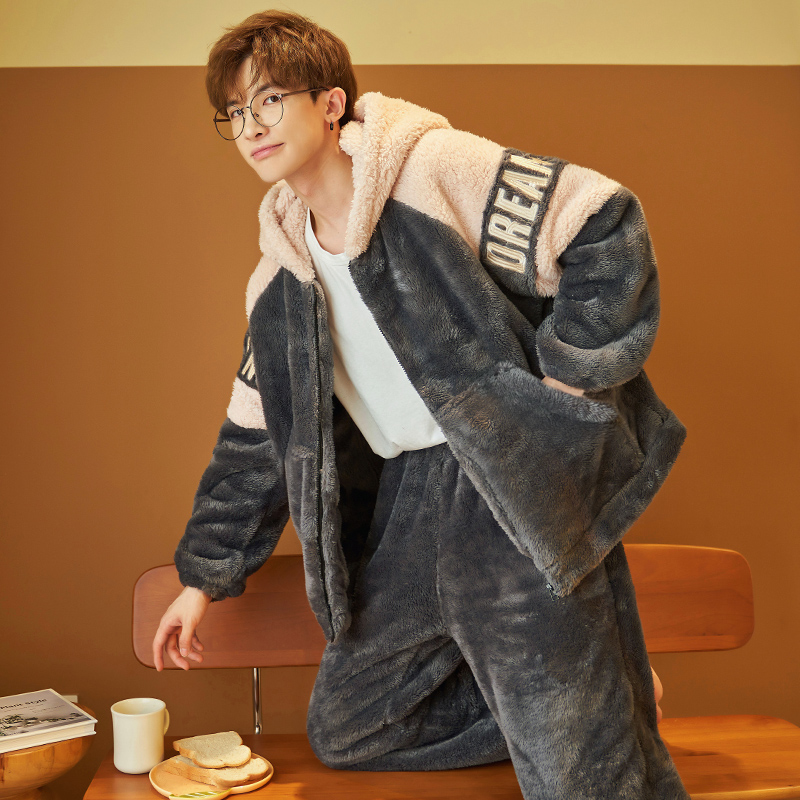 斐序旗舰店年新款珊瑚绒睡衣男士秋冬季款加厚加绒保暖法兰绒家居服套装3