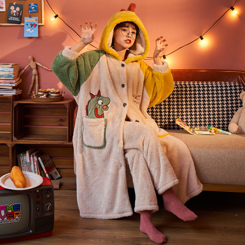 斐序旗舰店珊瑚绒睡袍女秋冬季加厚加绒保暖新款睡衣女浴袍长款法兰绒家居服2