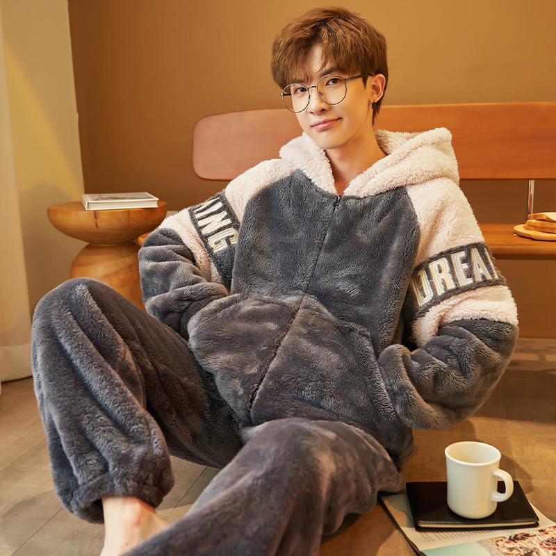 斐序旗舰店年新款珊瑚绒睡衣男士秋冬季款加厚加绒保暖法兰绒家居服套装2