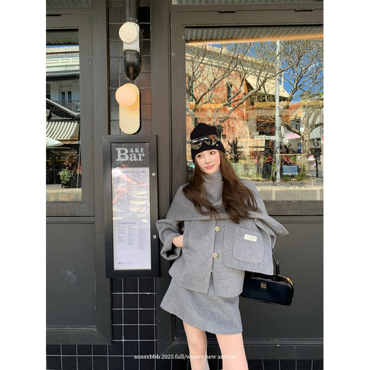 Aaaaxbbb camel wool double-sided woolen coat and skirt