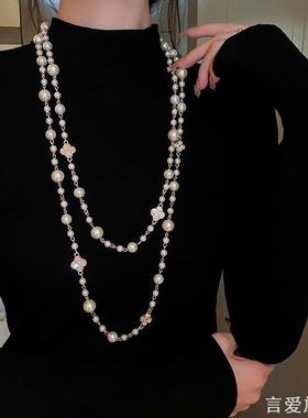 小香风双层叠戴仿珍珠项链女秋冬