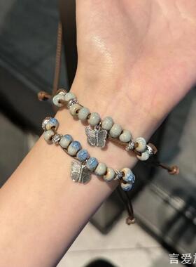 新中式复古手工编织绳串珠手链女异域民族风叠戴手绳抽拉可调节
