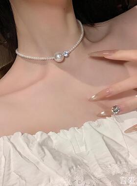 韩系ins仿珍珠锁骨链女镶钻设计感choker颈链小众百搭项链配饰
