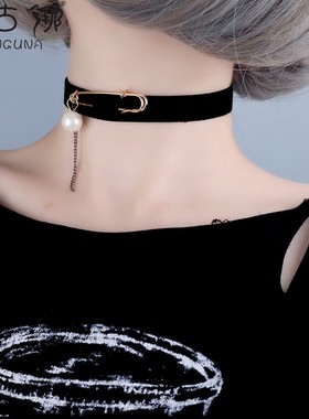 choker黑色绳子项链女短款别针锁骨链珍珠脖子颈带流苏配饰脖颈链
