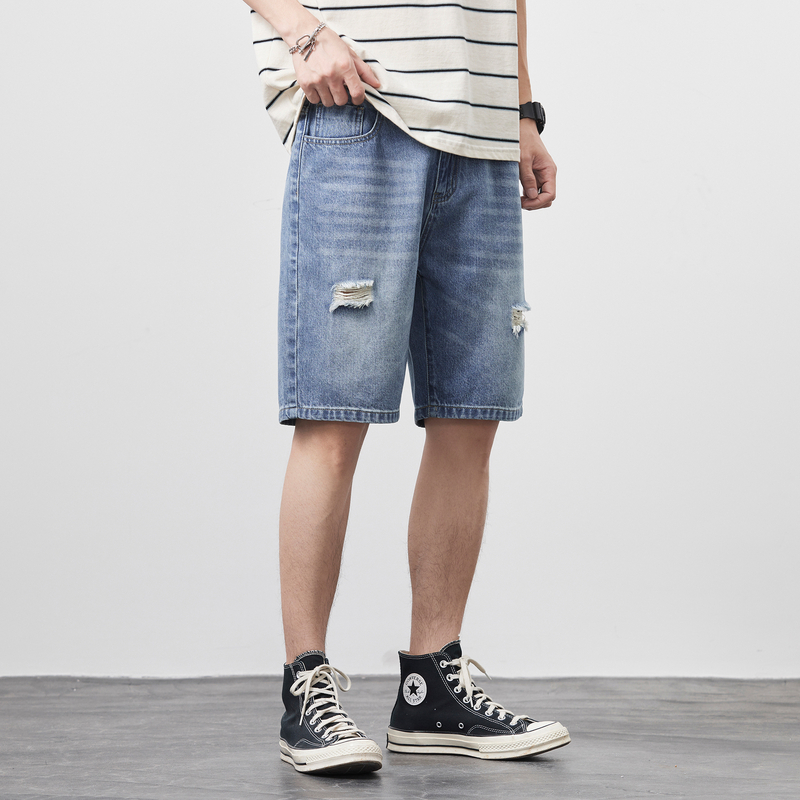 KR真维斯男装时尚破洞牛仔短裤 2025春季新款宽松直筒五分裤潮男