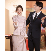 Winter toast to the bride 2023 new pink long sleeves thick Qipao Chinese Retro Wedding Engagement Gown