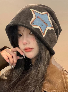 复古星星黑色堆堆帽宽松显脸小
