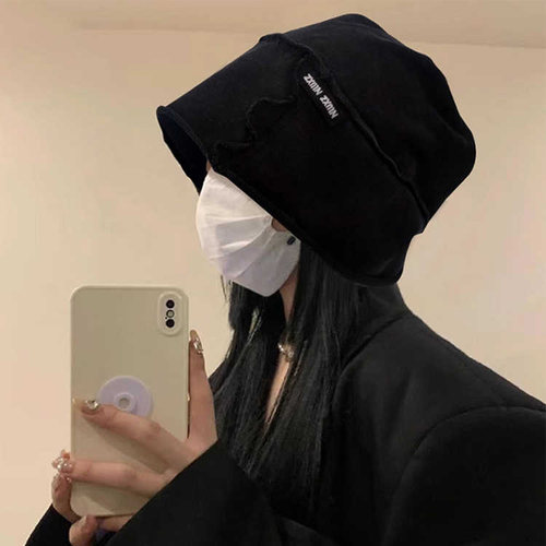 梓渝同款水洗复古做旧堆堆帽女黑色卷边冷帽显脸小宽松包头帽子男 - 图2