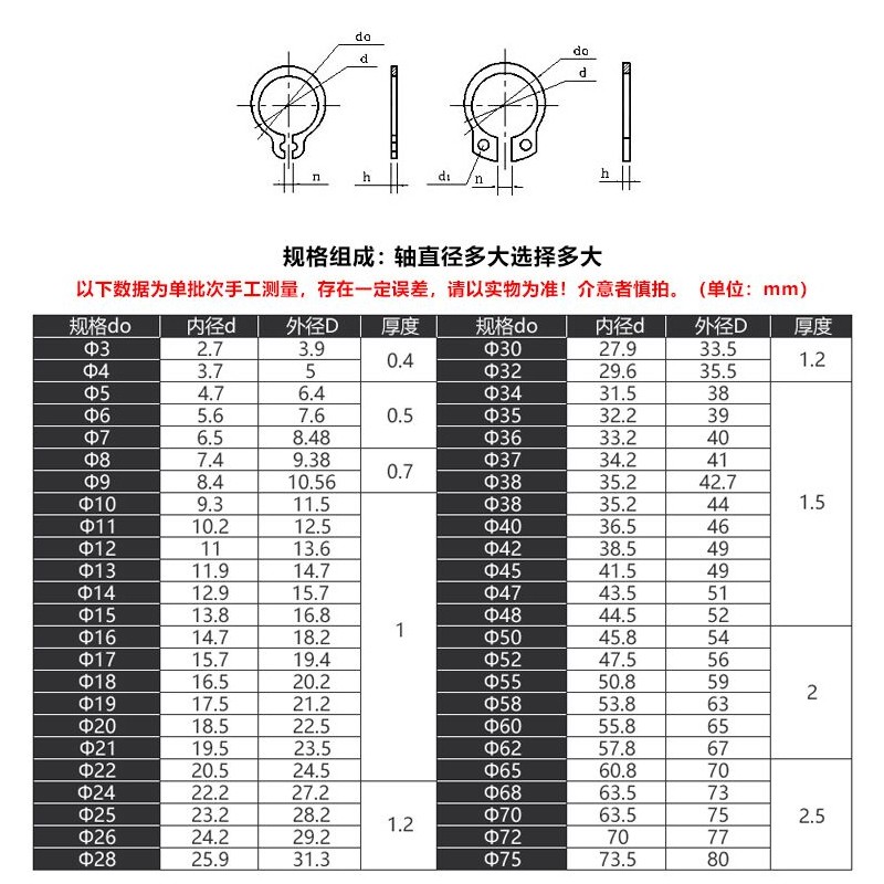 吉吉星A型轴用卡簧发黑色轴卡C形外卡黄垫圈弹性卡环挡圈葫芦轴承 - 图1