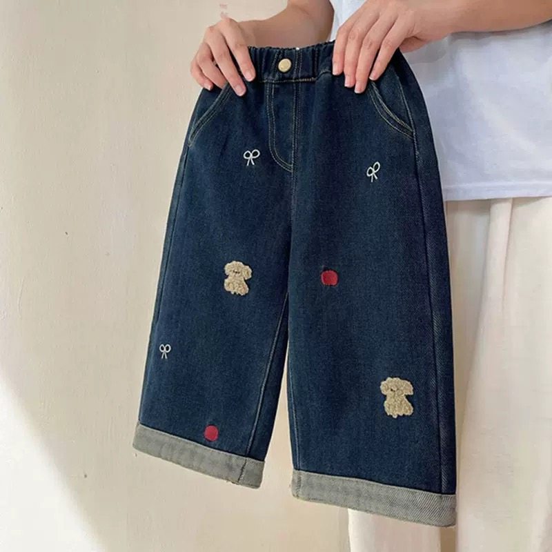 韩国童装女童裤子秋冬新款洋气儿童卡通牛仔裤女宝复古加绒直筒裤,淘宝优惠券,粉丝福利购,淘宝优惠卷