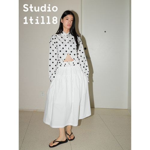 Studio1till8 春夏休闲宽松A字松紧腰抽绳中长款半身裙 格纹/白色 - 图2