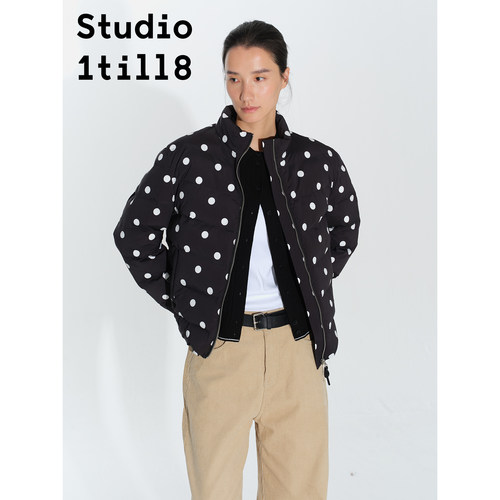 Studio1till8 设计感复古文艺风冬季外套黑白波点立领保暖棉服女 - 图0