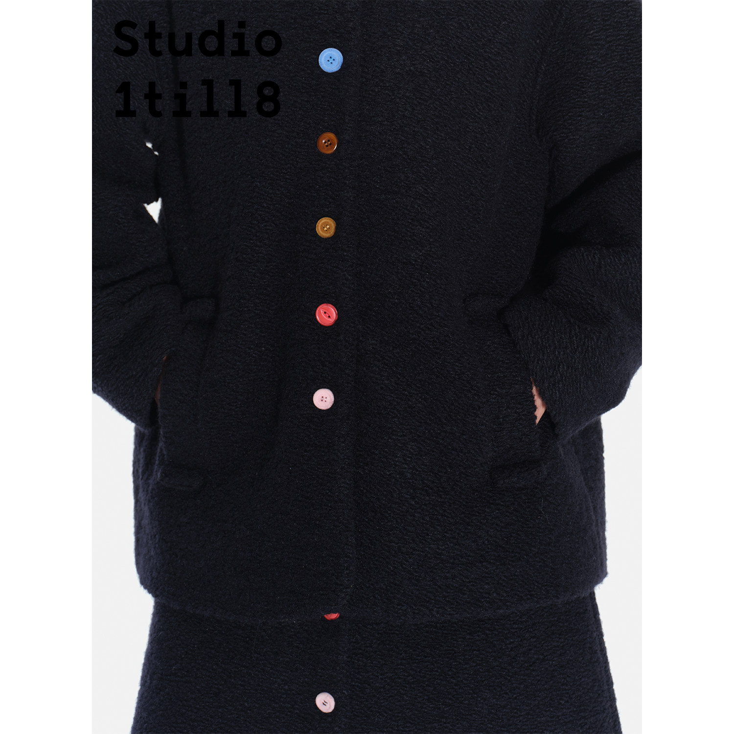 Studio1till8 羊毛混纺呢大衣拼彩扭扣A字半裙套装设计感两件套,淘宝优惠券,粉丝福利购,淘宝优惠卷