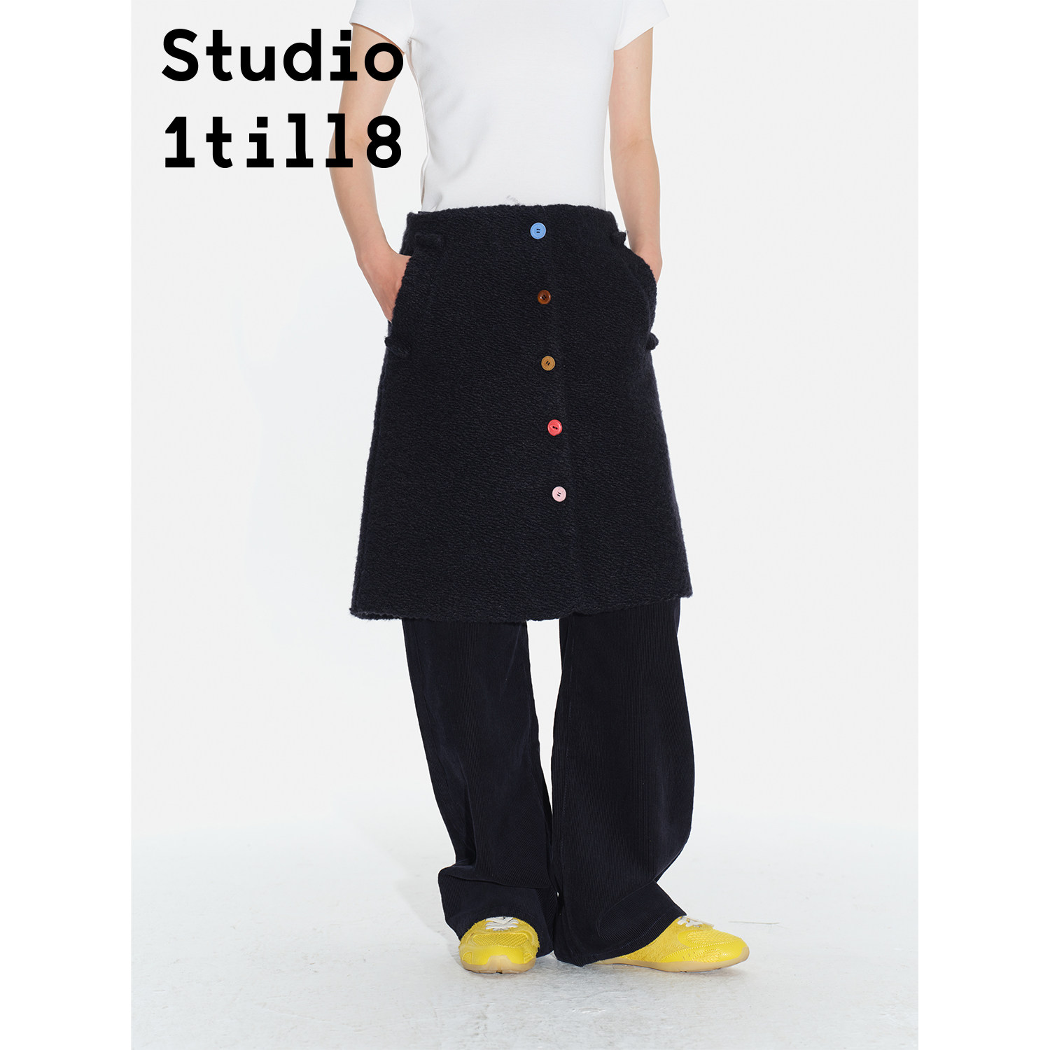 Studio1till8 羊毛混纺呢大衣拼彩扭扣A字半裙套装设计感两件套,淘宝优惠券,粉丝福利购,淘宝优惠卷