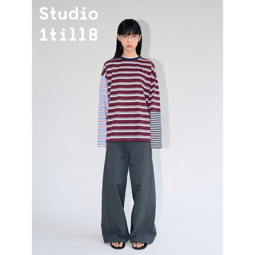 Studio1till8 三色条纹撞色拼接设计长袖上衣学院感落肩袖T恤女秋 - 图0