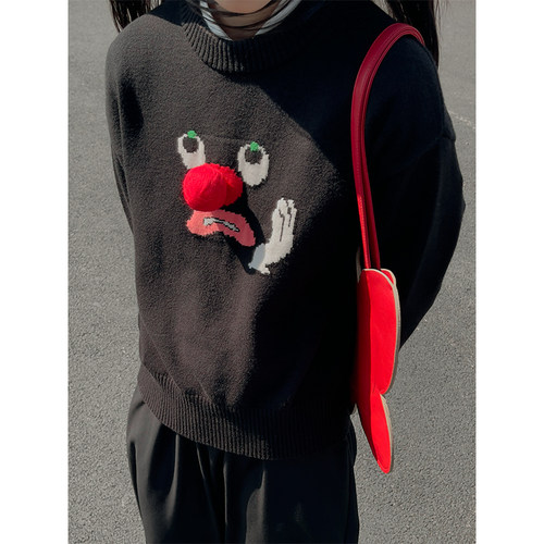 Studio1till8 “心事系列”牙痛表情宽松设计感黑色毛衣女冬季 - 图2
