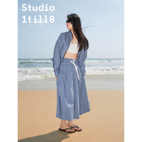 Studio1till8 春夏休闲宽松A字松紧腰抽绳中长款半身裙 格纹/白色 - 图0