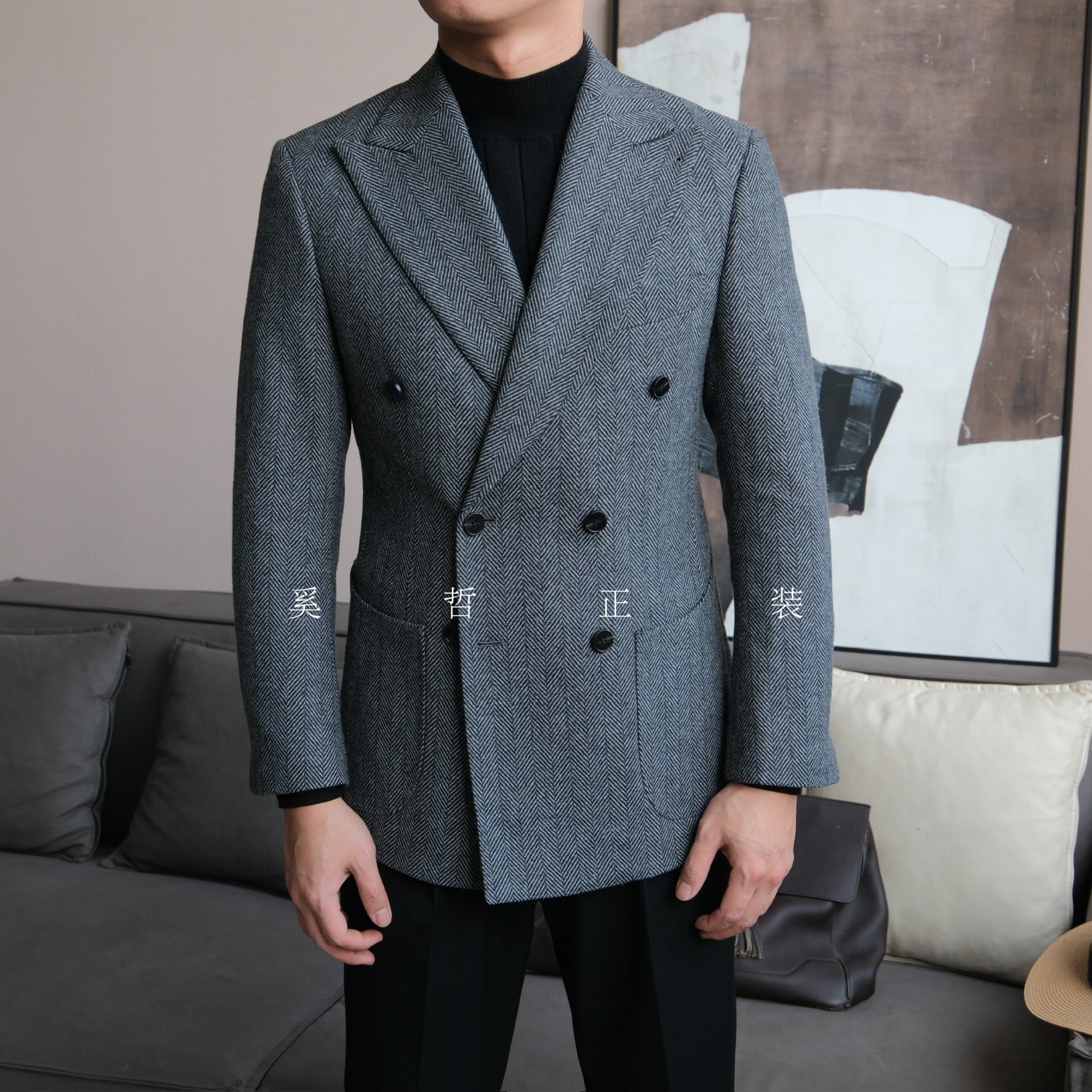 秋冬新款老钱风人字纹羊毛混纺绅士双排扣西服6165,淘宝优惠券,粉丝福利购,淘宝优惠卷