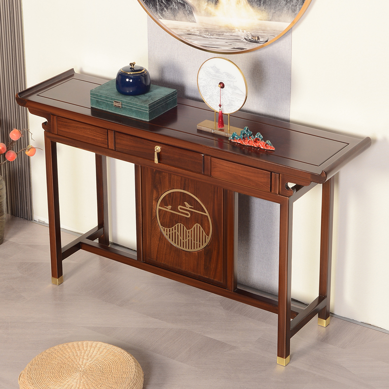 新中式实木玄关桌客厅入户玄关台供桌靠墙超窄条案榆木门厅玄关柜 - 图1