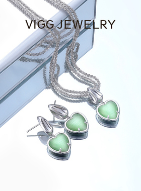 青提项链耳钉女小众百搭吊坠爱心