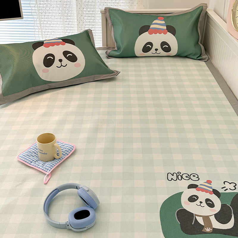 可爱绿格子熊猫A类900D冰丝凉席1.5m1.8米床三件套可水洗空调软席 - 图2