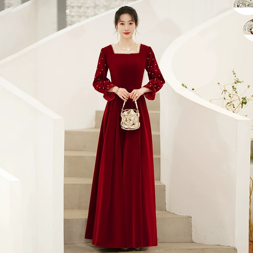 Вечернее платье, бордовый бархатный лонгслив, осеннее весеннее свадебное платье, большой размер, коллекция 2023, по фигуре