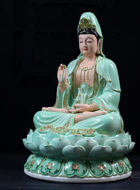 陶瓷绿釉观音像菩萨摆件工艺品