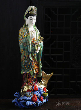 摆件供奉白瓷鲤鱼观音佛像