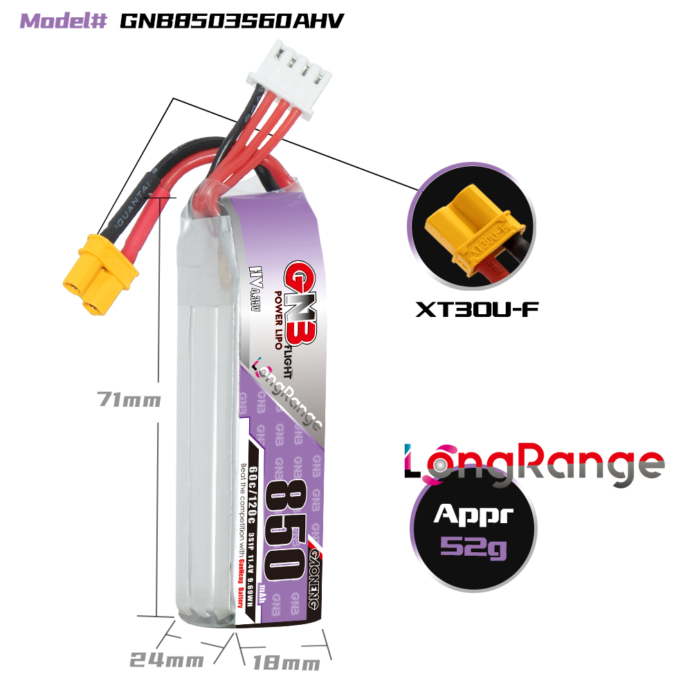 GNB高能 850mAh 3S 11.4V 60C长续航穿越机FPV玩具航模锂电池LiHV - 图0