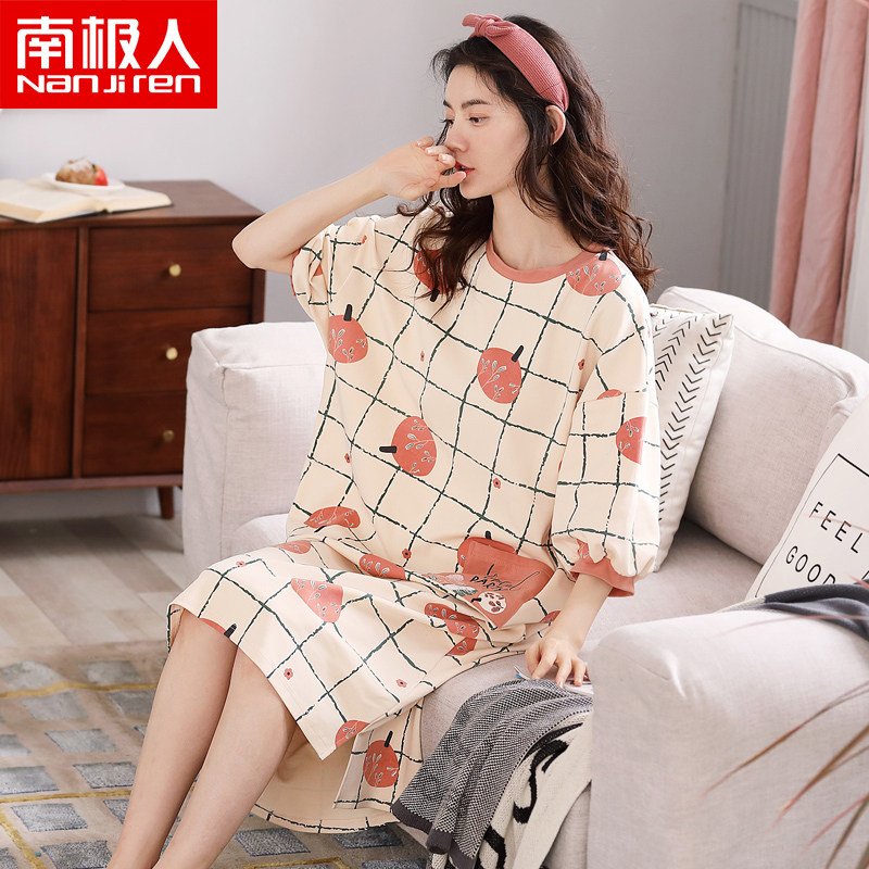 南极人纯棉睡裙大码宽松可爱中裙 南极人明淘睡裙