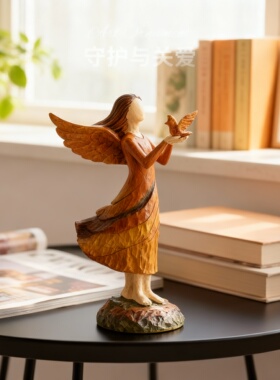 艺术感天使木雕摆件守护与关爱