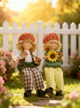 手工陶瓷女孩田园风窗台摆件