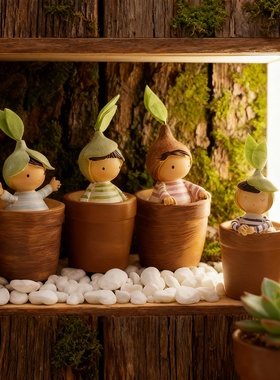 手工木质植物小人桌面装饰摆件
