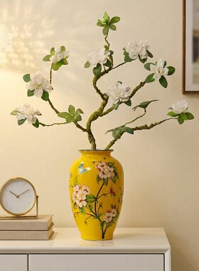 新中式手绘花瓶白花枝插花套装