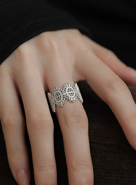 S925纯银镂空蕾丝戒指女复古宫廷