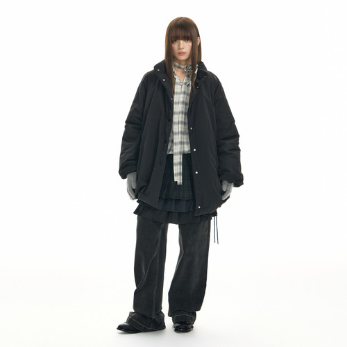 TGNS中长款抽绳花苞棉服女冬季慵懒风保暖棉衣设计感立领防风外套 - 图0