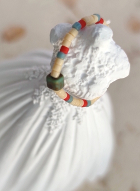 APAN手作小众捷克琉璃珠戒指叠戴百搭款复古敦煌色国风弹力指环