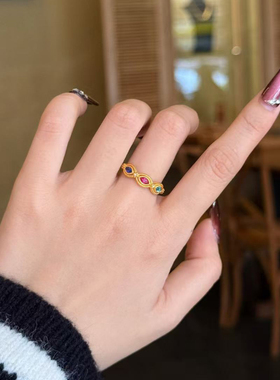 5D硬金黄金点钻浮光彩虹戒指女999足金镶嵌新款气质指环送礼百搭