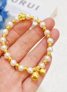 3D硬金黄金铃兰花珍珠手链999足金时尚金珠桃花手串纯金正品手饰