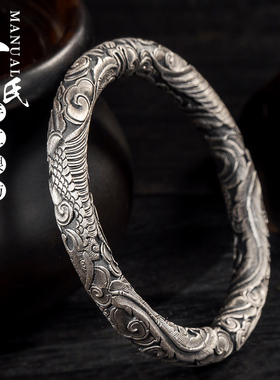 双凤女士个性复古风情侣银手镯