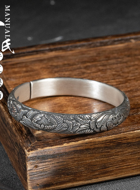 云南大理足银手工制作立体雕刻复古做旧泥鳅背国色天香手镯.匠心