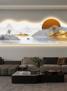 现代轻奢客厅装饰画高山流水福鹿沙发背景墙壁画卧室床头氛围灯画
