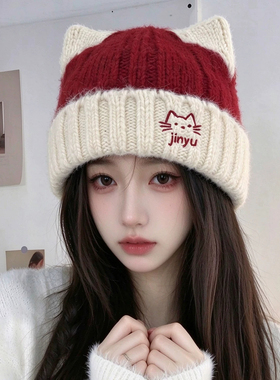 可爱拼色猫耳帽子女大头围显脸小秋冬季防寒保暖针织帽百搭毛线帽