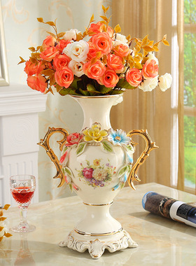 工艺欧式风陶瓷双耳插花复古装饰