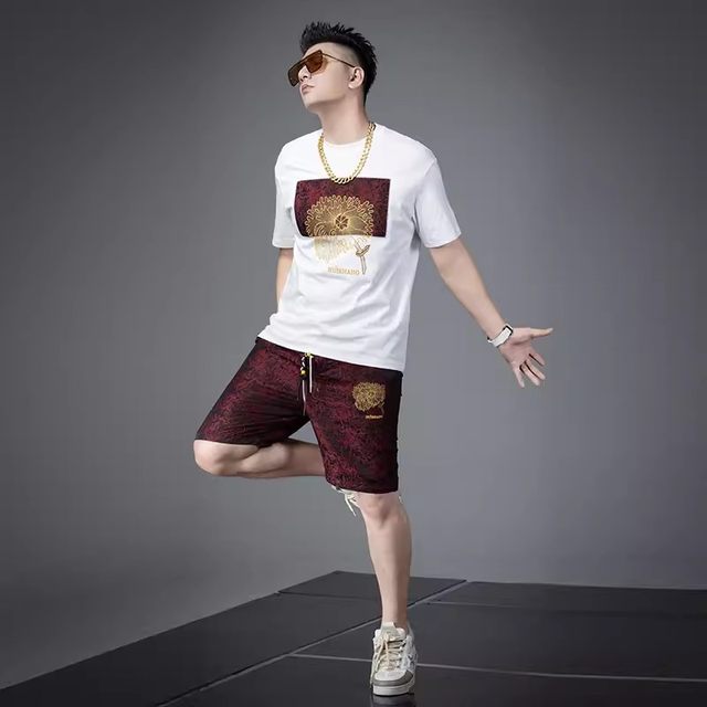 European and American Saint Xifan men's summer suit 2024 new trendy brand rose embroidery short sleeved T-shirt two-piece shorts set