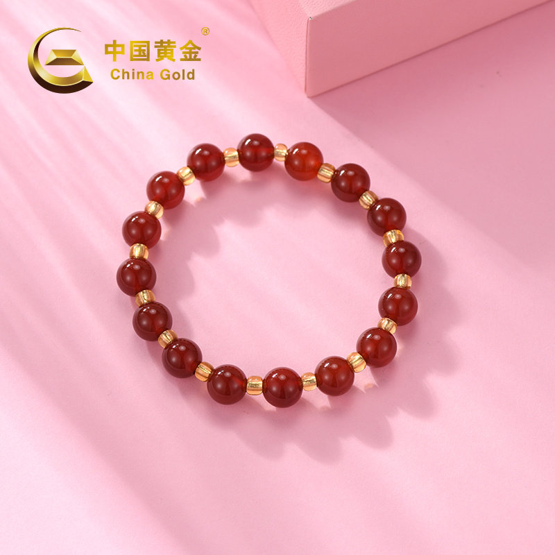 中国黄金红玛瑙玻璃手串女款轻奢小众手链红色玉石女友礼物约10g