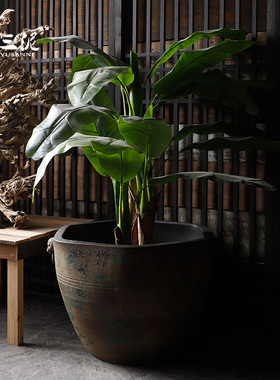 陶瓷金鱼仿古风大缸六角流水摆件